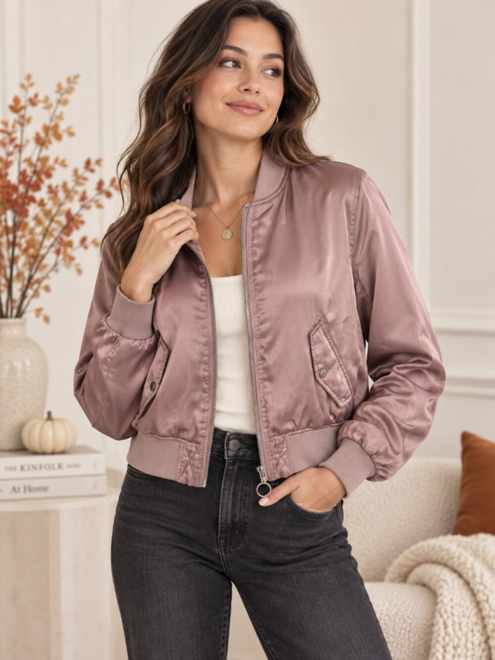 H&M Divided Rose Gold Satin Ruched Bomber Jacket Size 12 Cropped